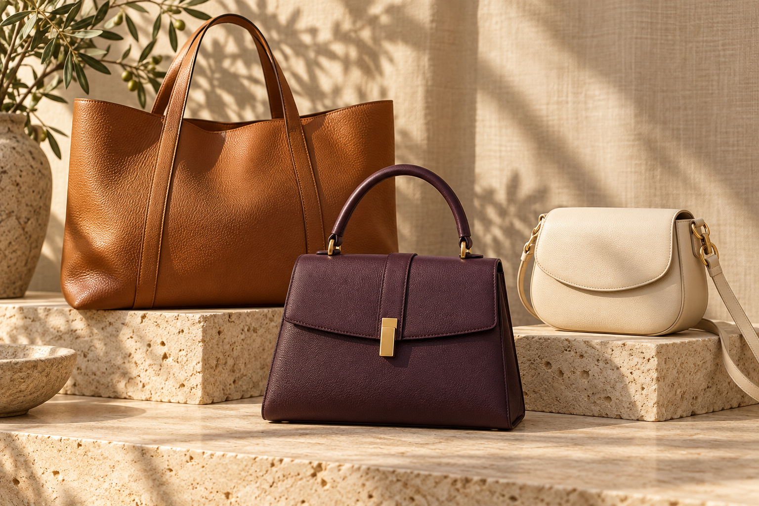 Concept collection of cognac, plum, and cream bags on warm stone
